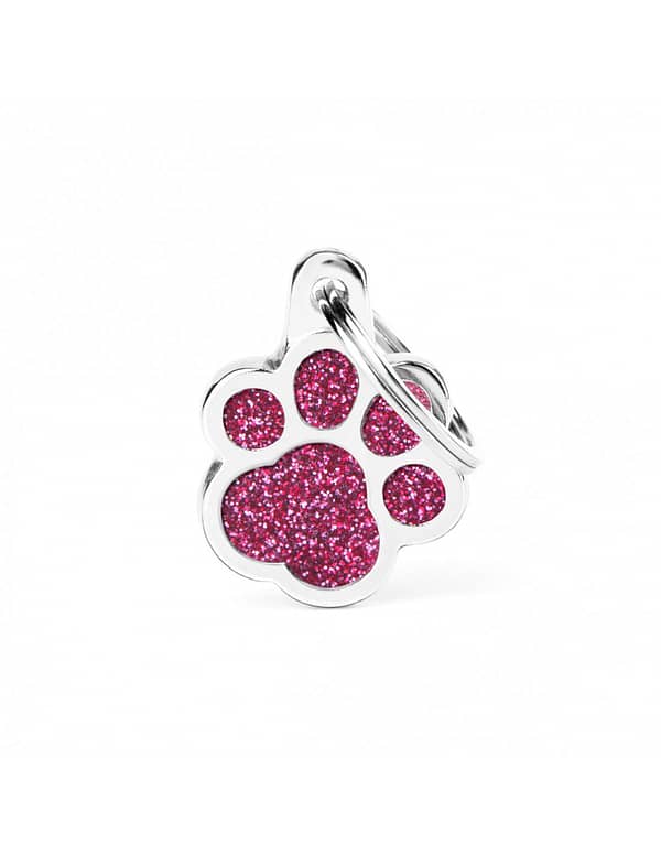 Kaiverrettu koiran nimilaatta - GLITTER pieni tassu, pinkki