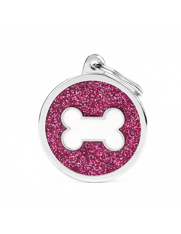 Kaiverrettu koiran nimilaatta - GLITTER ISO ympyrä luu kuviolla, pinkki