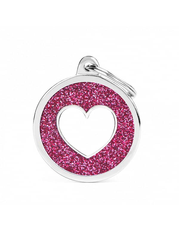 Kaiverrettu koiran nimilaatta - GLITTER ISO ympyrä sydän kuviolla, pinkki