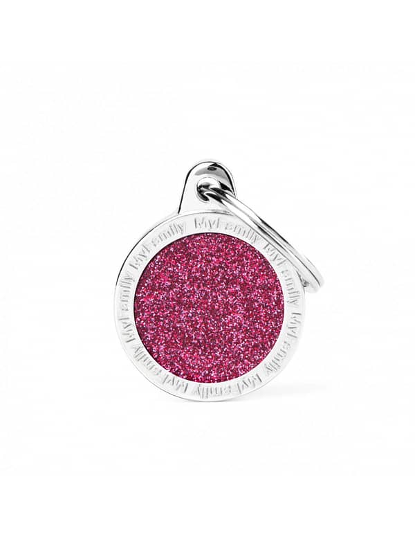 Kaiverrettu koiran nimilaatta - GLITTER pieni ympyrä, pinkki