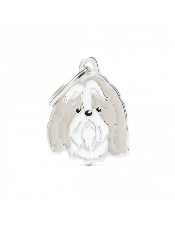 Nimilaatta kaiverruksella - koirarotu-nimilaatta shihtzu harmaavalkoinen