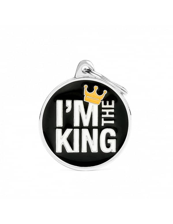 Kaiverrettu nimilaatta tai avaimenperä - CHARMS iso ympyrä "i am the king", my family