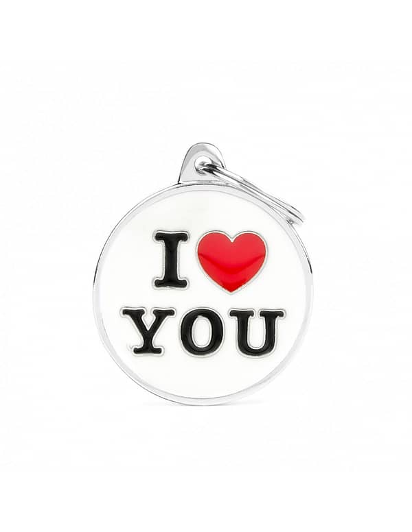 Kaiverrettu nimilaatta tai avaimenperä - CHARMS iso ympyrä "i love you", my family