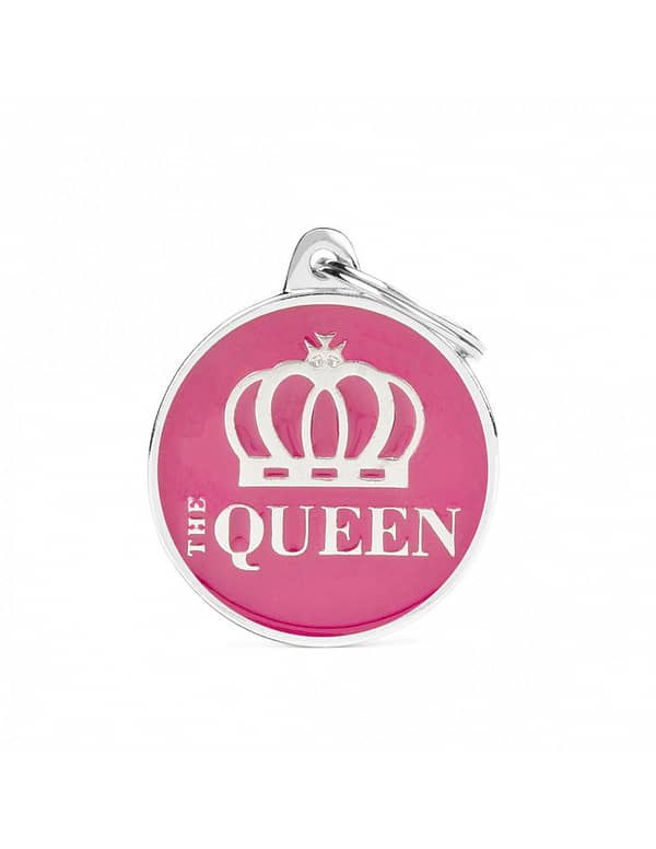 Kaiverrettu nimilaatta tai avaimenperä - CHARMS iso ympyrä "the queen", my family