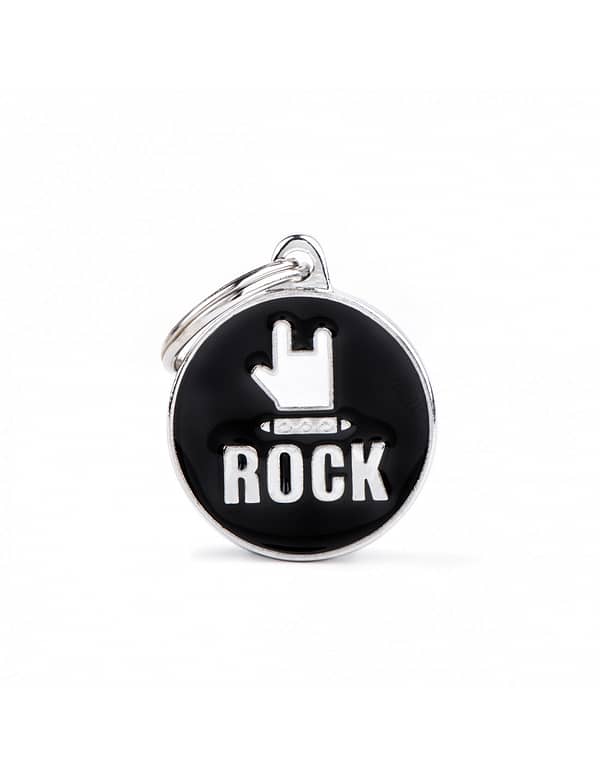 Kaiverrettu nimilaatta tai avaimenperä - CHARMS keskikoinen ympyrä "rock", my family