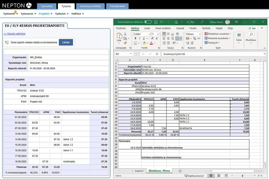 EU-projektiraportti ja excel vienti