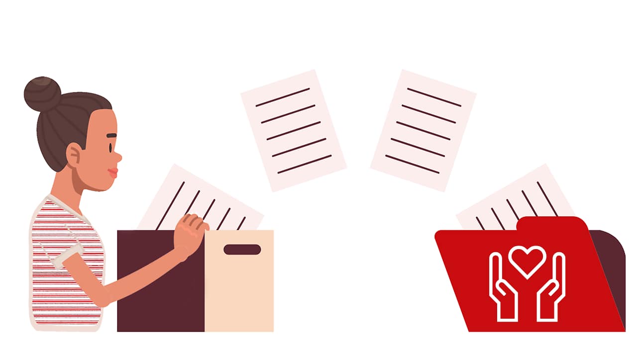 Piirroskuva, jossa Esperin työntekijä dokumentoi asiakirjoja