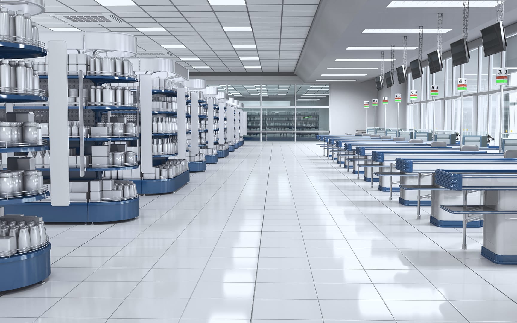 Supermarket,Cash,Registers,And,Shelves,With,Goods.,3d,Illustration. Supermarket,Cash,Registers,And,Shelves,With,Goods.,3d,Illustration.