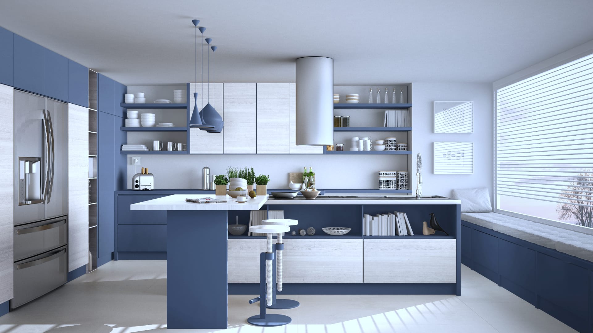 Modern,Wooden,Kitchen,With,Wooden,Details,And,Panoramic,Window,,White Modern,Wooden,Kitchen,With,Wooden,Details,And,Panoramic,Window,,White