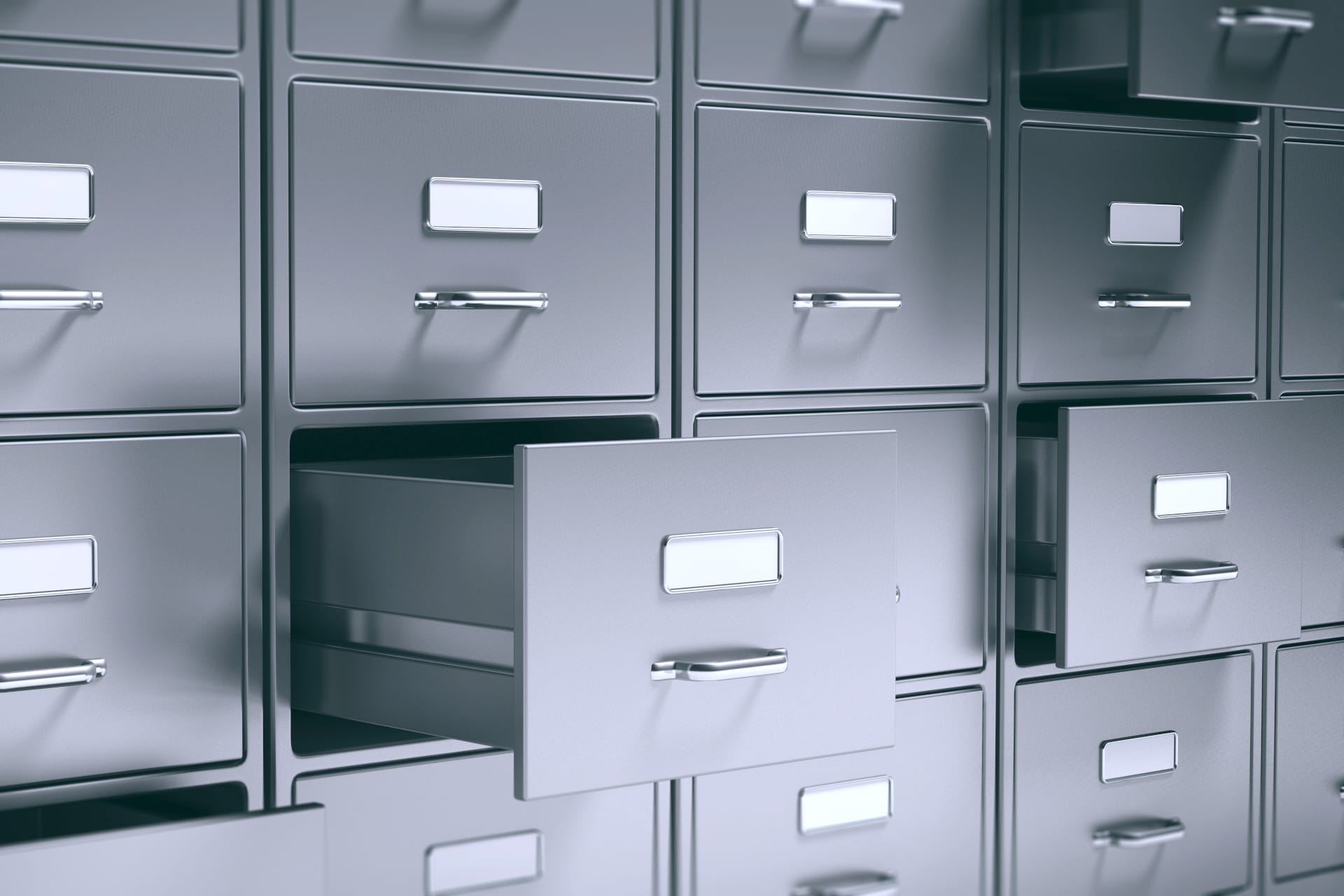 Filing,Cabinets,With,Open,Drawers.,3d,Illustration